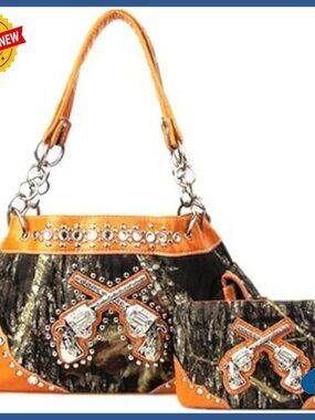 Medium Leather Satchel with Crossed Guns Design, Shoulder Strap